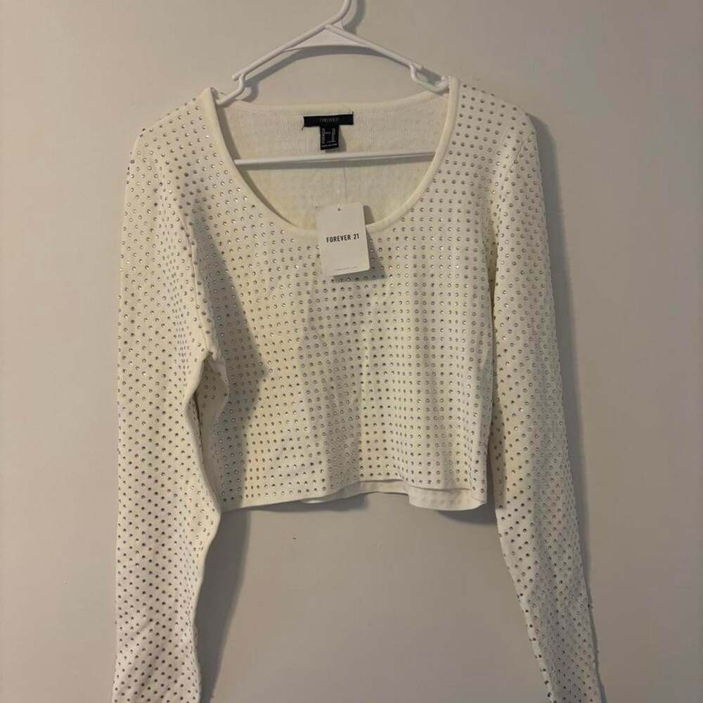 Forever 21 Women’s White Bedazzled Gem Cropped Long Sleeve Top Size S